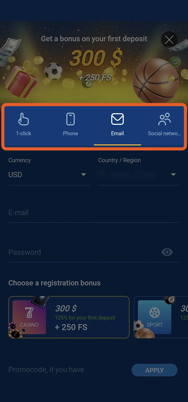 Open the Mostbet app and choose a convenient registration method.