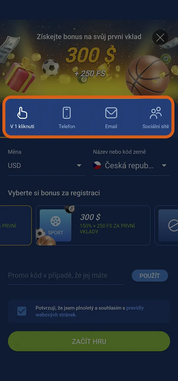 Otevřete aplikaci Mostbet a vyberte si pohodlnou metodu registrace.