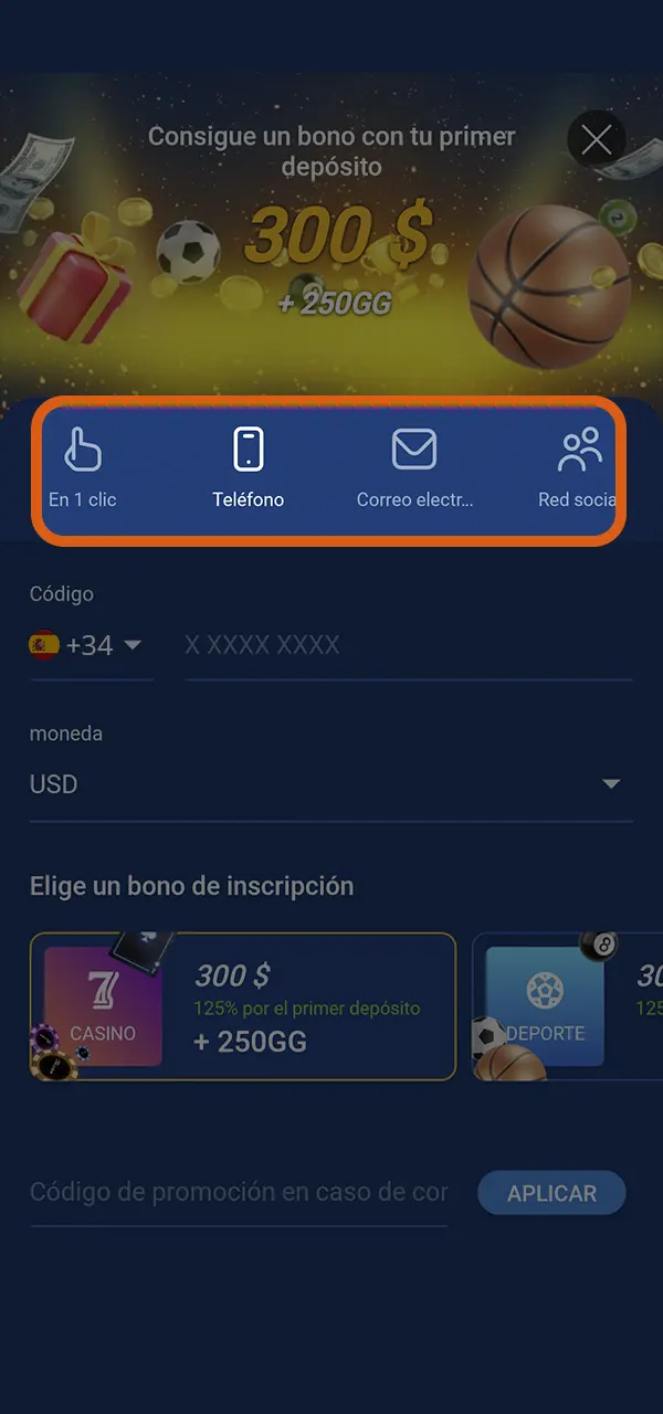 Abre la aplicación de Mostbet y elige un método de registro conveniente.