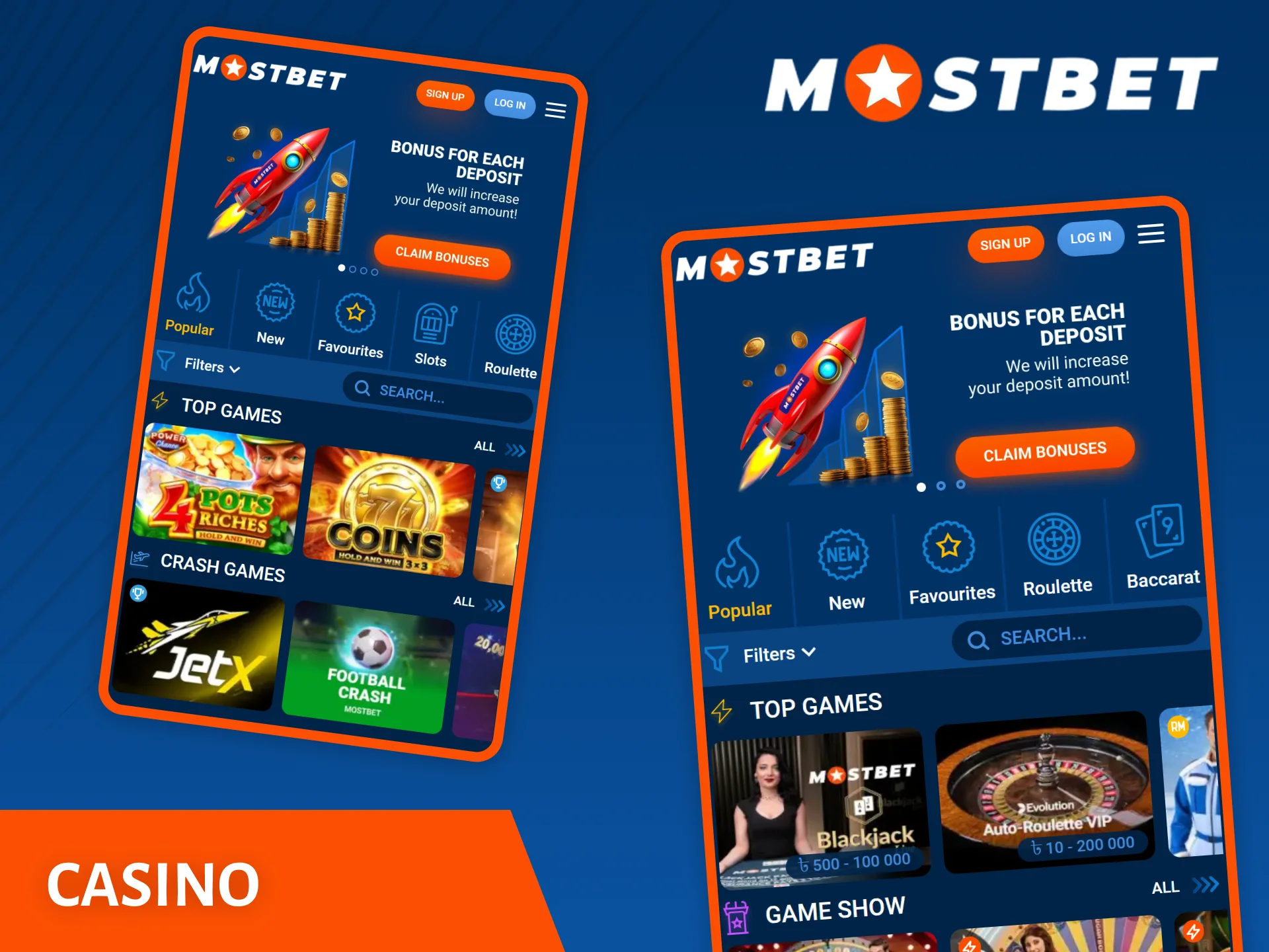 Play your favorite casino games in the Mostbet casino app.