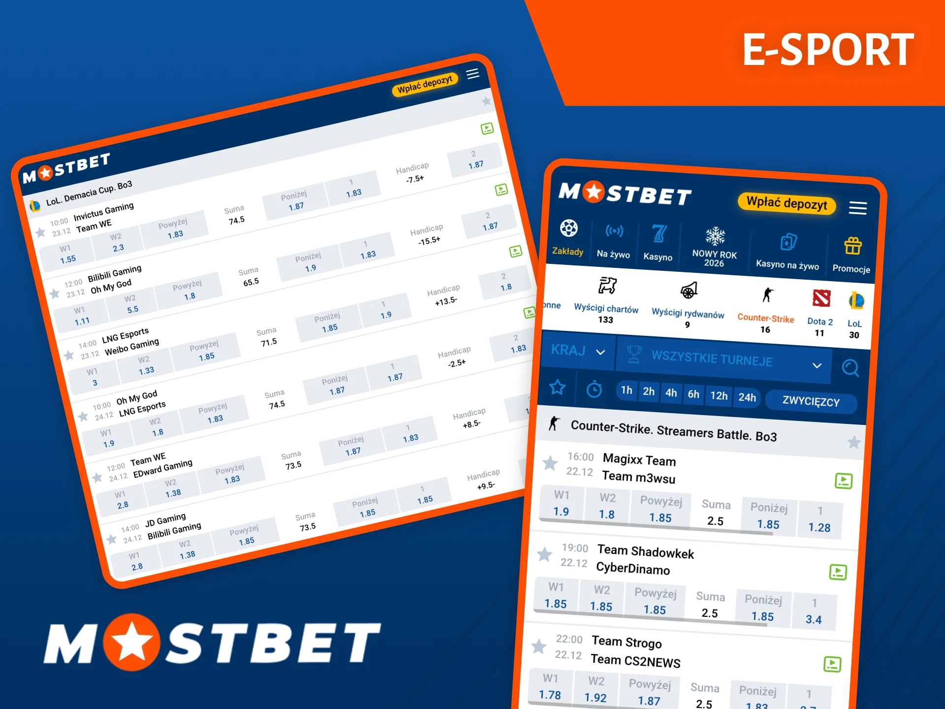 Obstawiaj najpopularniejsze wydarzenia e-sportowe na stronie Mostbet.