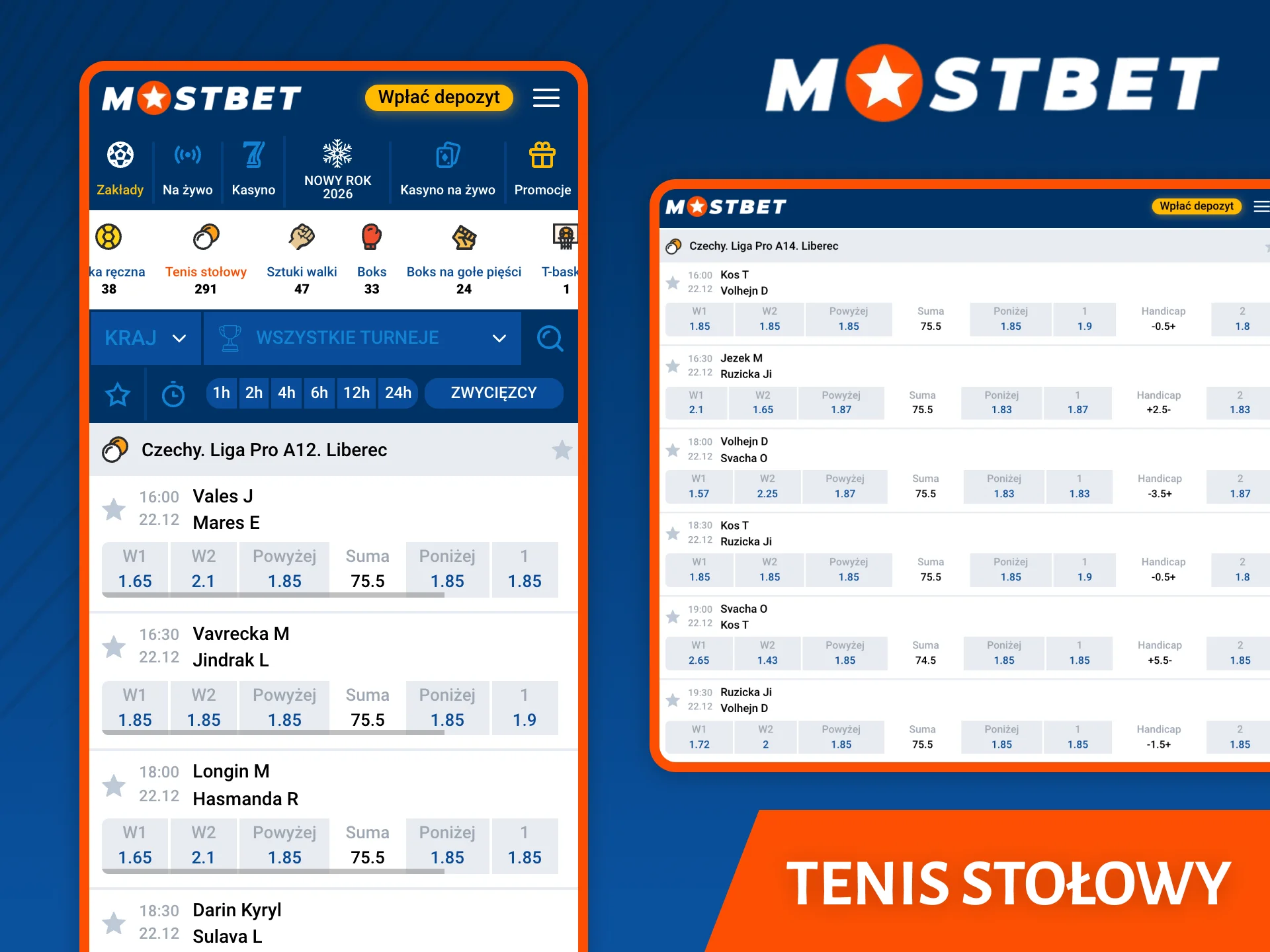Wybierz zakłady na tenis stołowy na stronie bukmachera Mostbet.