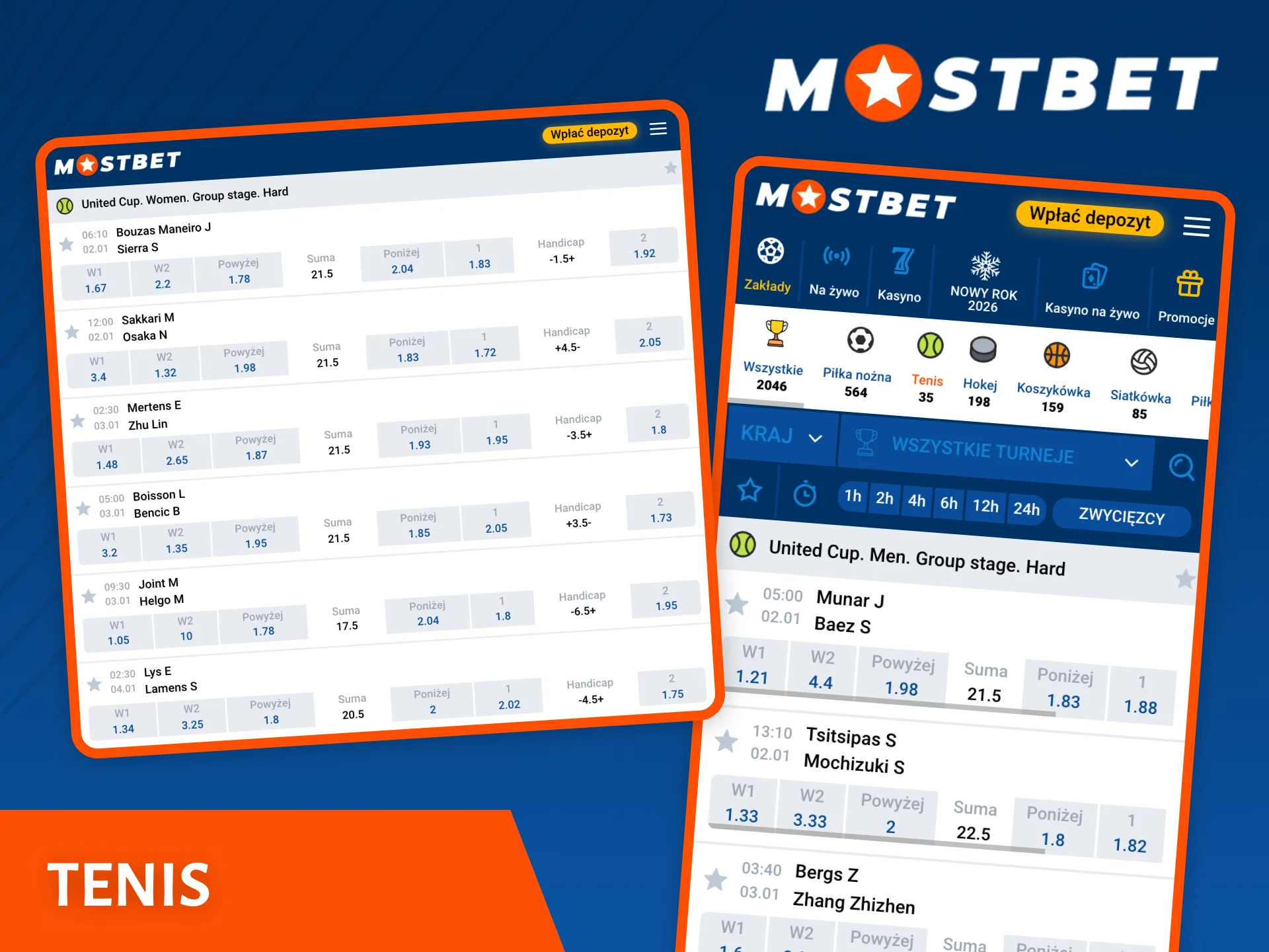 Bukmacher Mostbet zaskoczy Cię bogatą ofertą i korzystnymi kursami na zakłady na tenis.