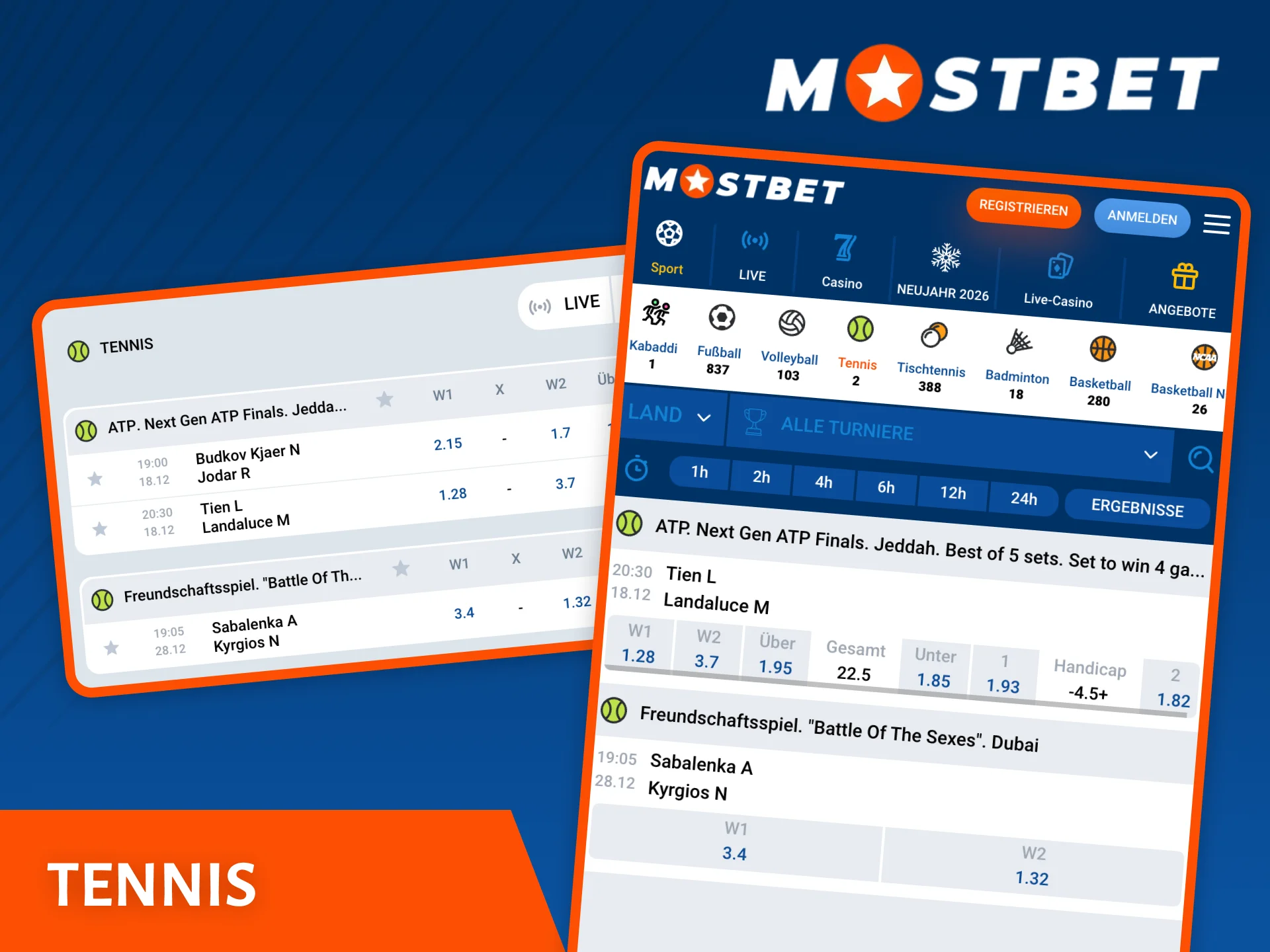 Der Buchmacher Mostbet wird Sie mit guten Quoten für Tenniswetten begeistern.