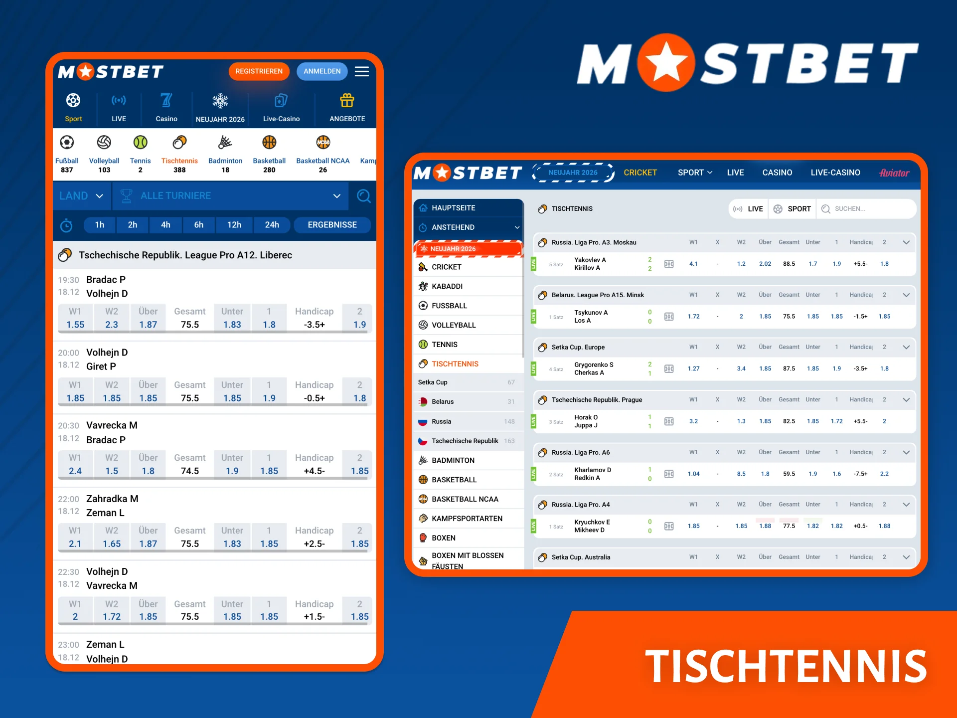 Wählen Sie die besten Ereignisse für Tischtenniswetten auf der Website von Mostbet.
