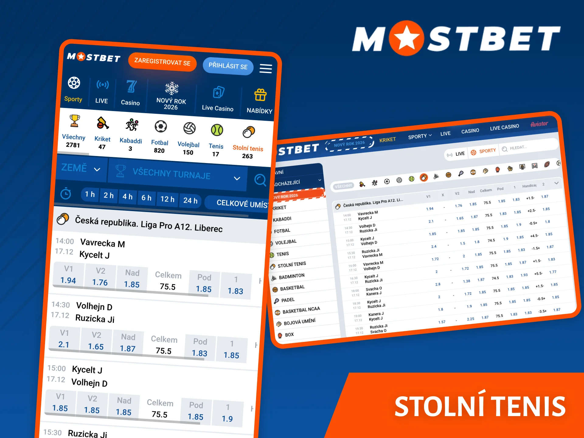 Vyberte si sázky na stolní tenis na webových stránkách sázkové kanceláře Mostbet.