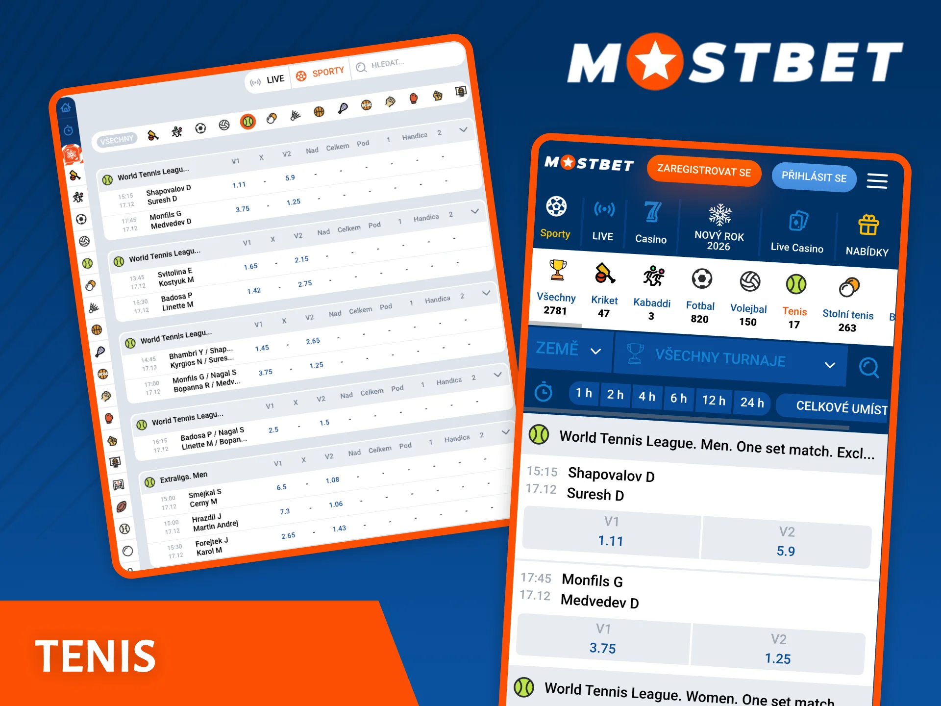 Sázejte výhodně na tenis u sázkové kanceláře Mostbet.