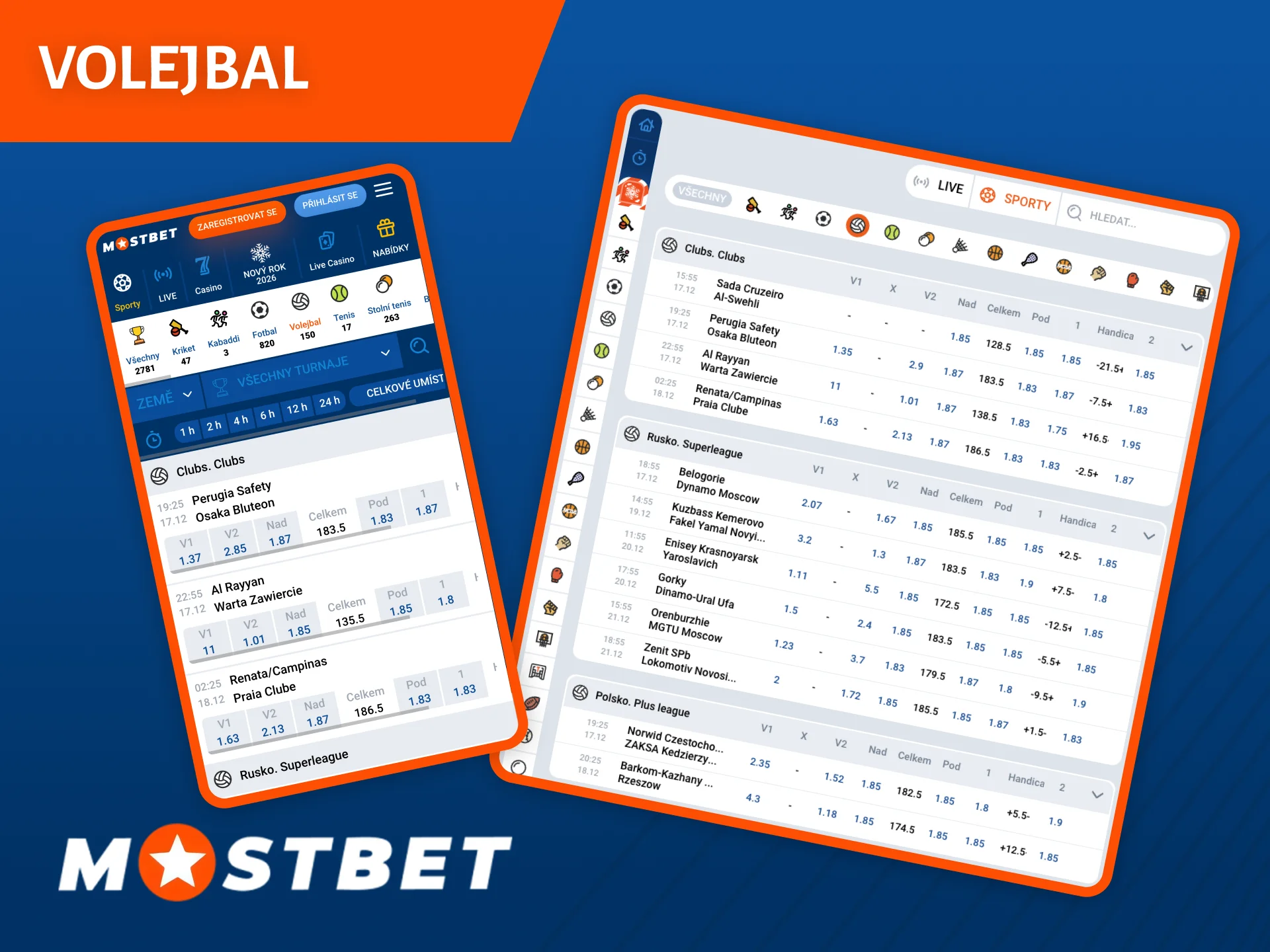 Sázková kancelář Mostbet nabízí širokou škálu sázek na volejbalové zápasy.
