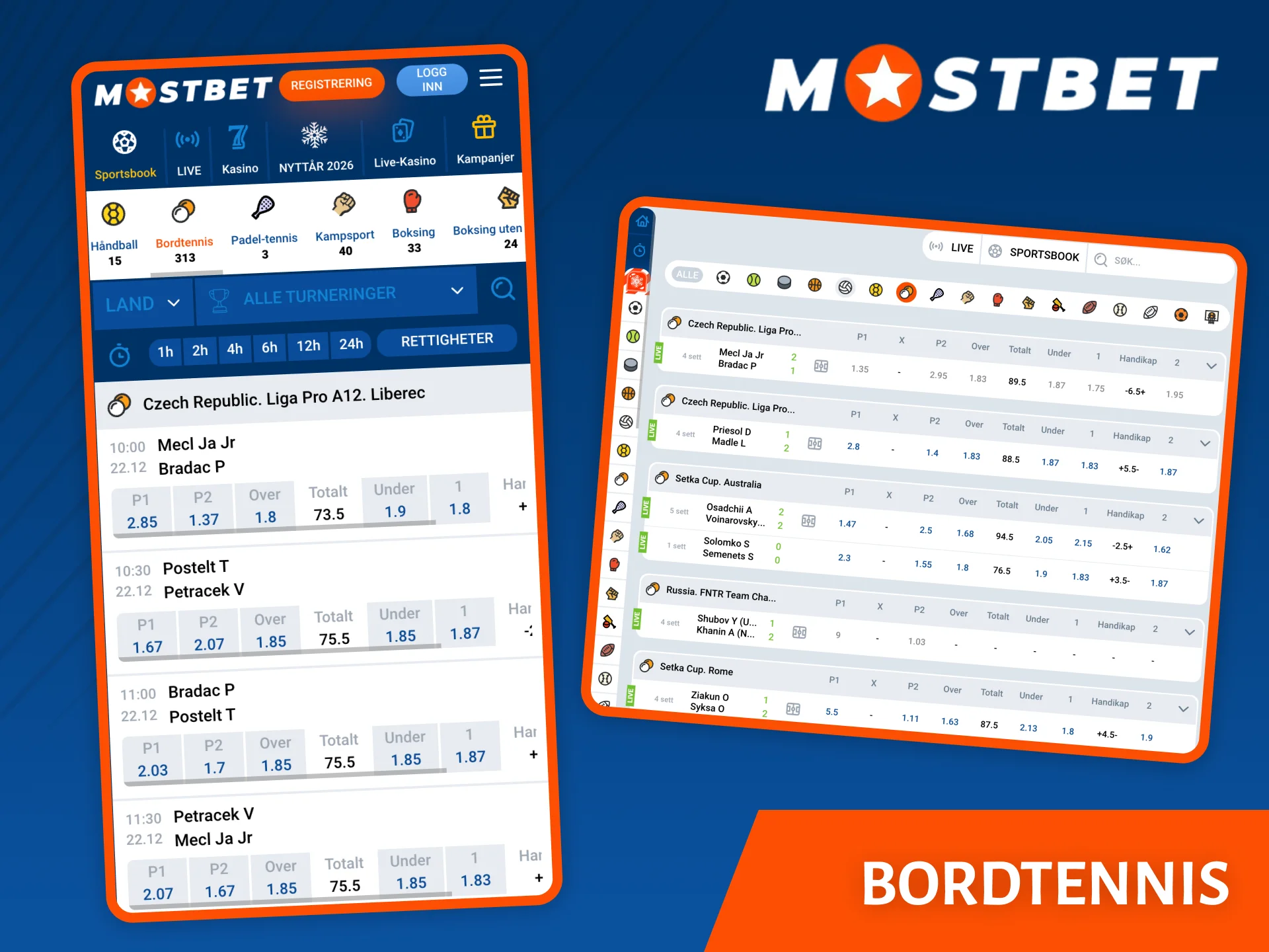Mostbet bookmakers nettside tilbyr et bredt utvalg av spill på bordtennis.