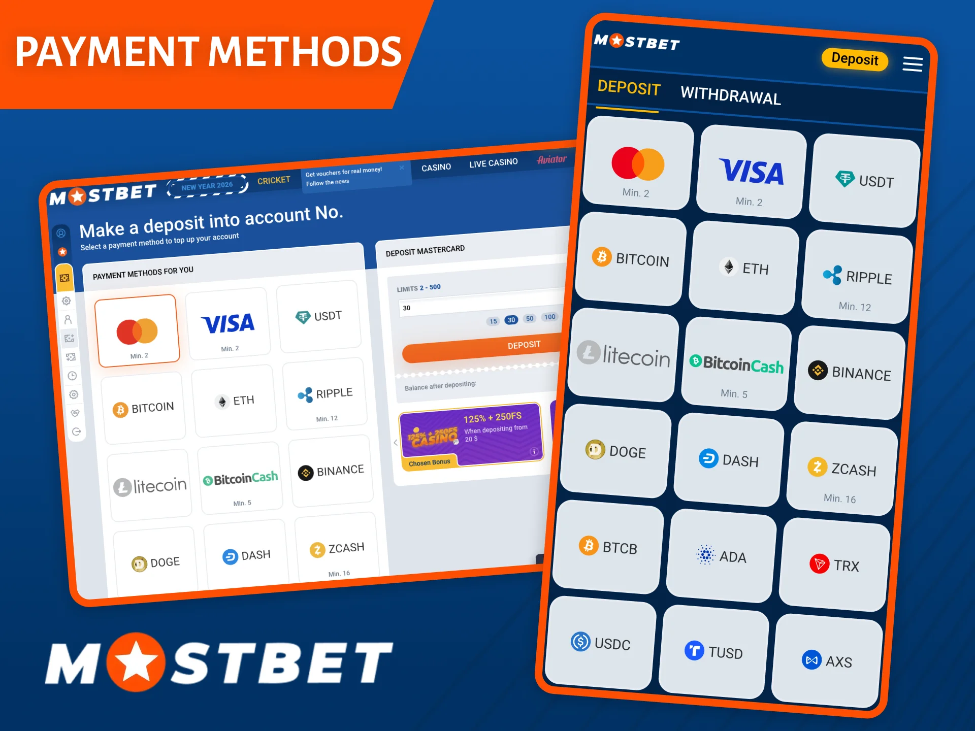 Mostbet offers the most convenient payment methods, allowing you to easily top up your balance and withdraw your winnings.