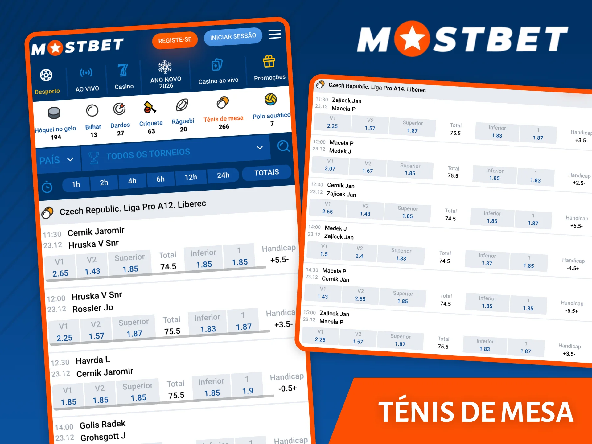 Selecione um torneio de ténis de mesa para apostar no site da casa de apostas Mostbet.