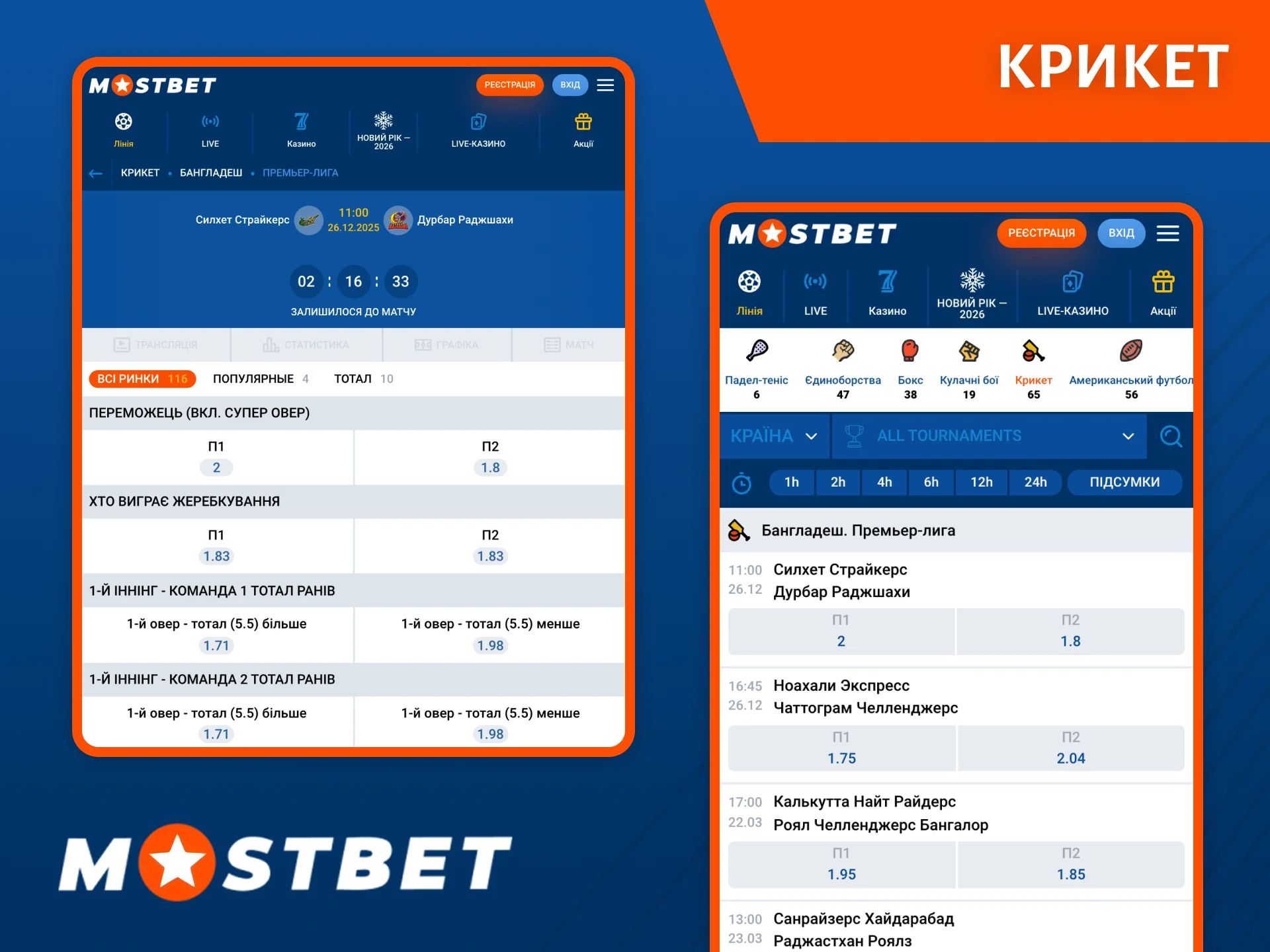 Букмекерська контора Mostbet пропонує вигідні коефіцієнти для ставок на крикет.