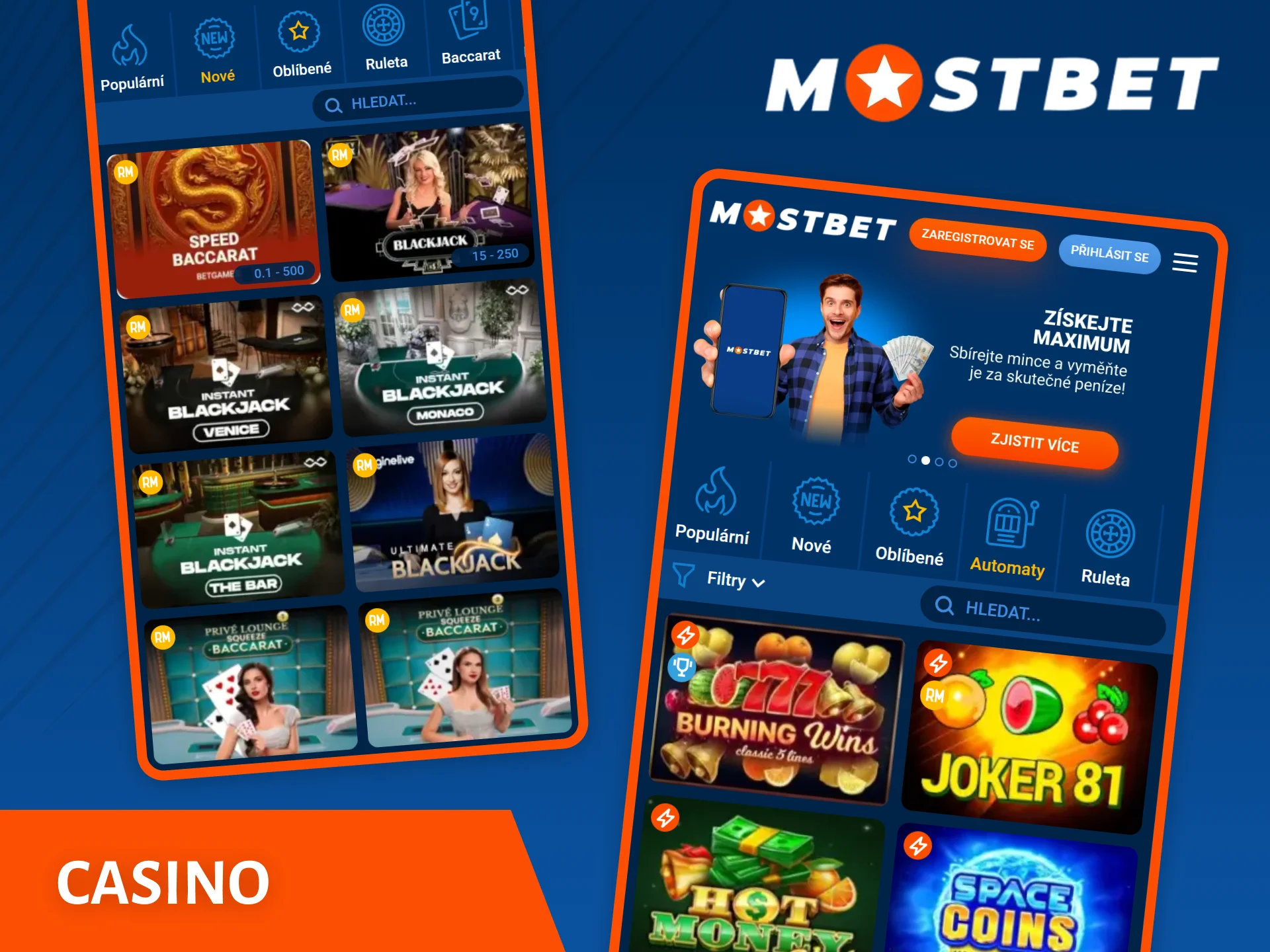 Vyberte si sekci kasina v aplikaci Mostbet a užijte si své oblíbené hry.