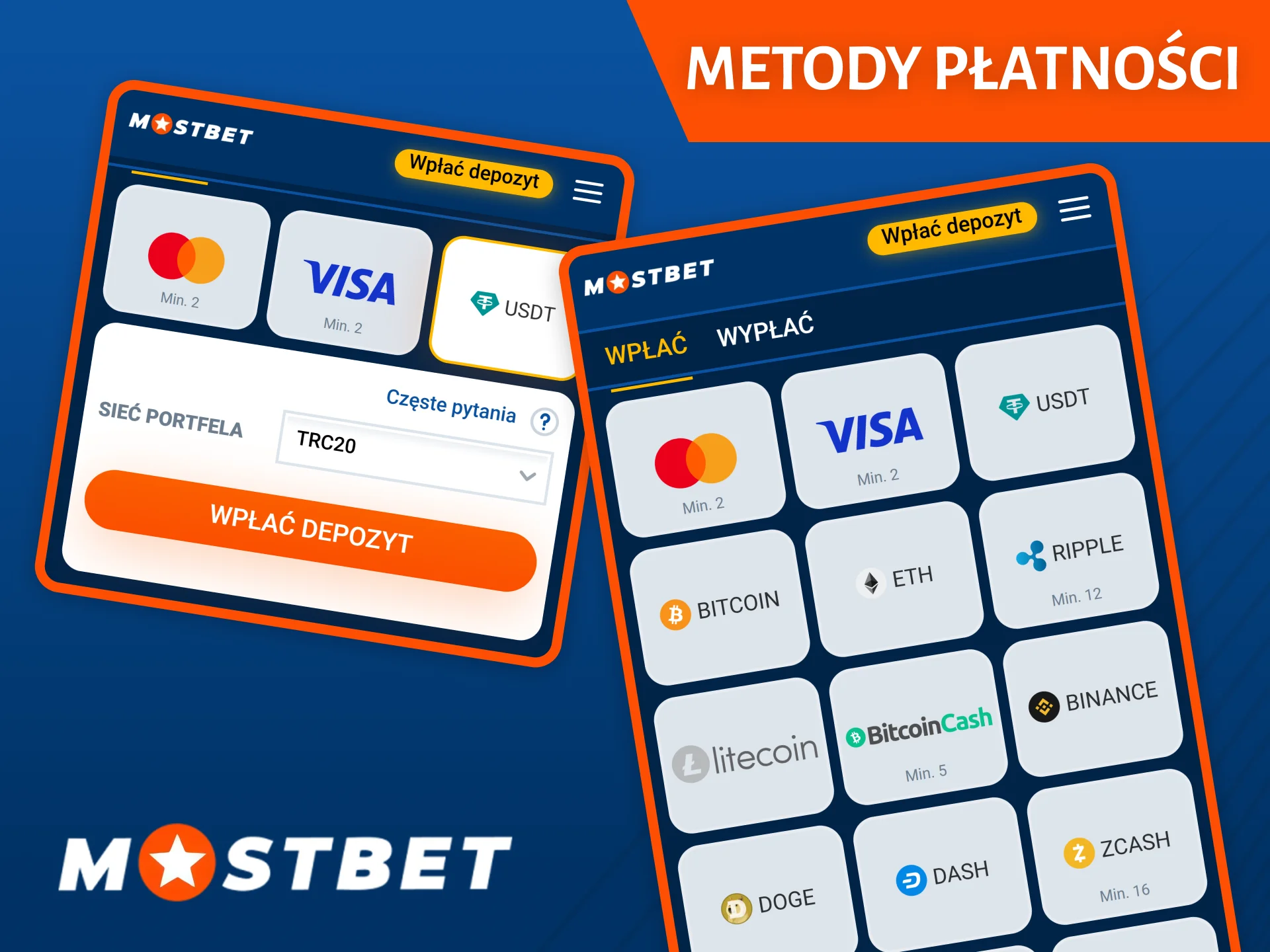 Aplikacja mobilna Mostbet oferuje tyle samo metod płatności, co pełna wersja strony internetowej.