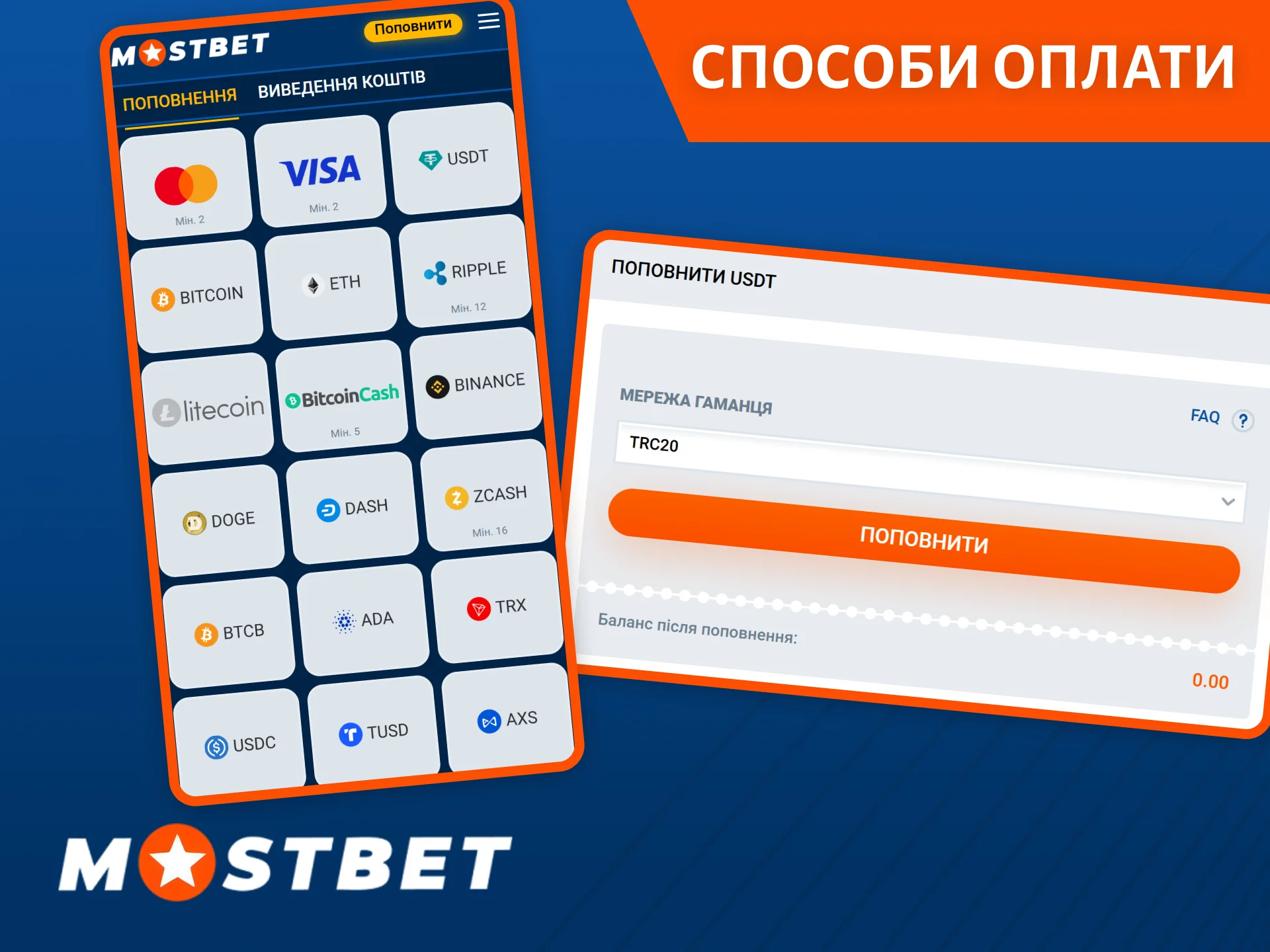 Мобільний додаток Mostbet пропонує стільки ж способів оплати, скільки і повна версія веб-сайту.