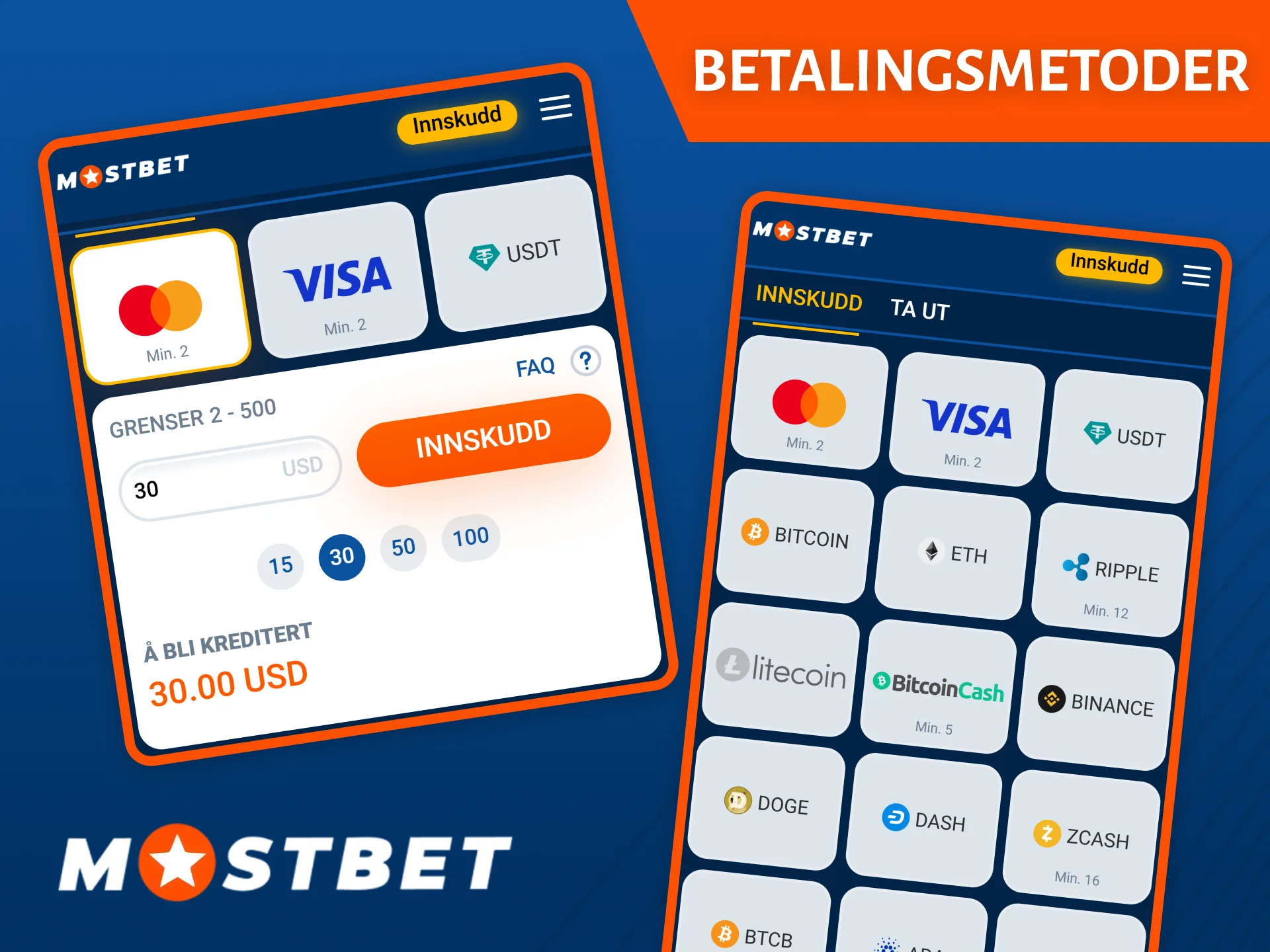 Mostbet-mobilappen tilbyr like mange betalingsmetoder som den fullstendige versjonen av nettstedet.