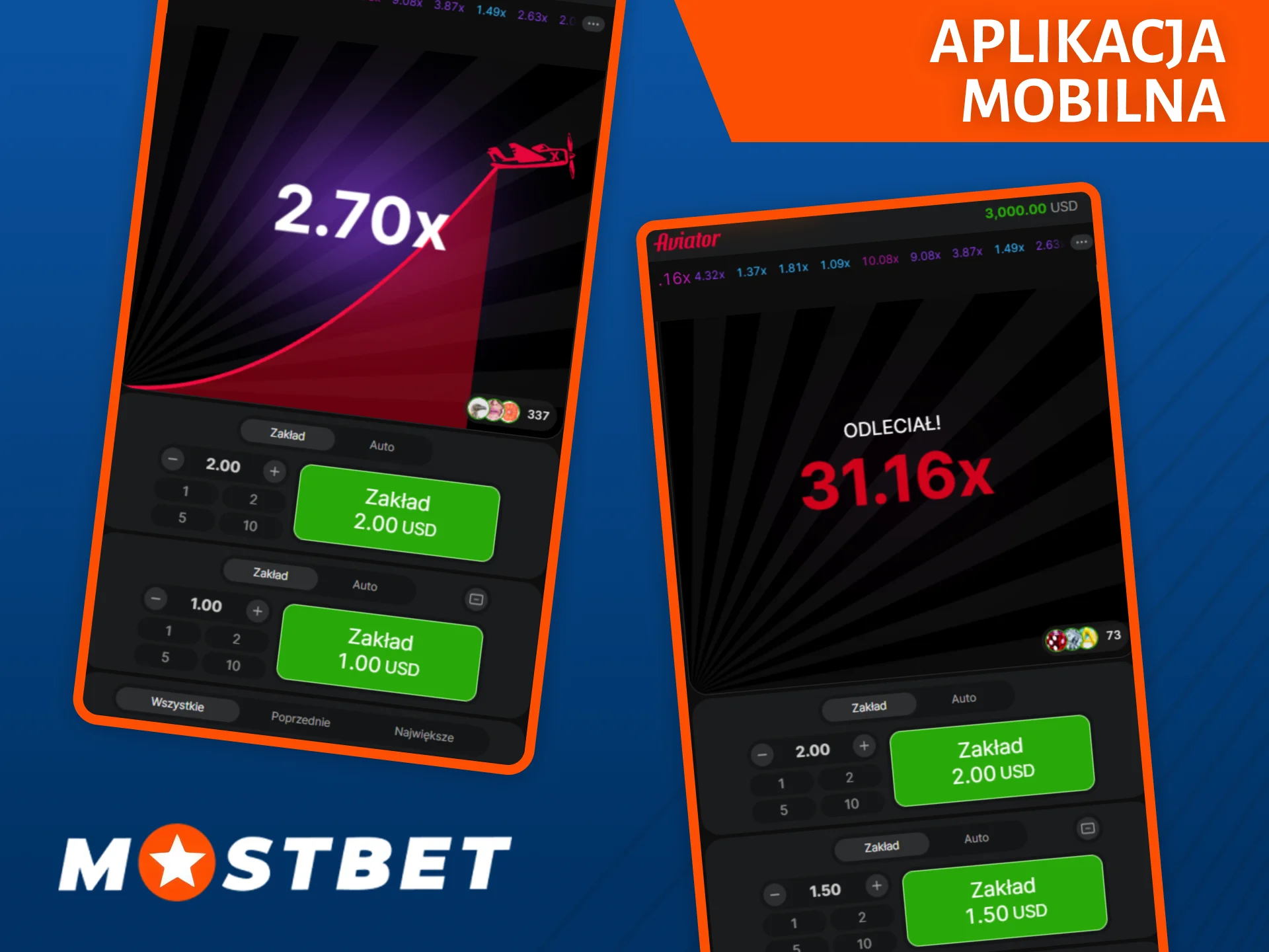 Zainstaluj aplikację mobilną Mostbet i graj w swoją ulubioną grę Aviator bezpośrednio na telefonie.