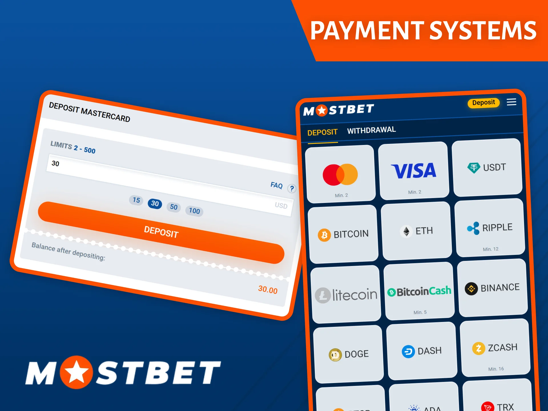 Mostbet Casino offers a variety of convenient payment methods, including bank cards, cryptocurrency, and more.