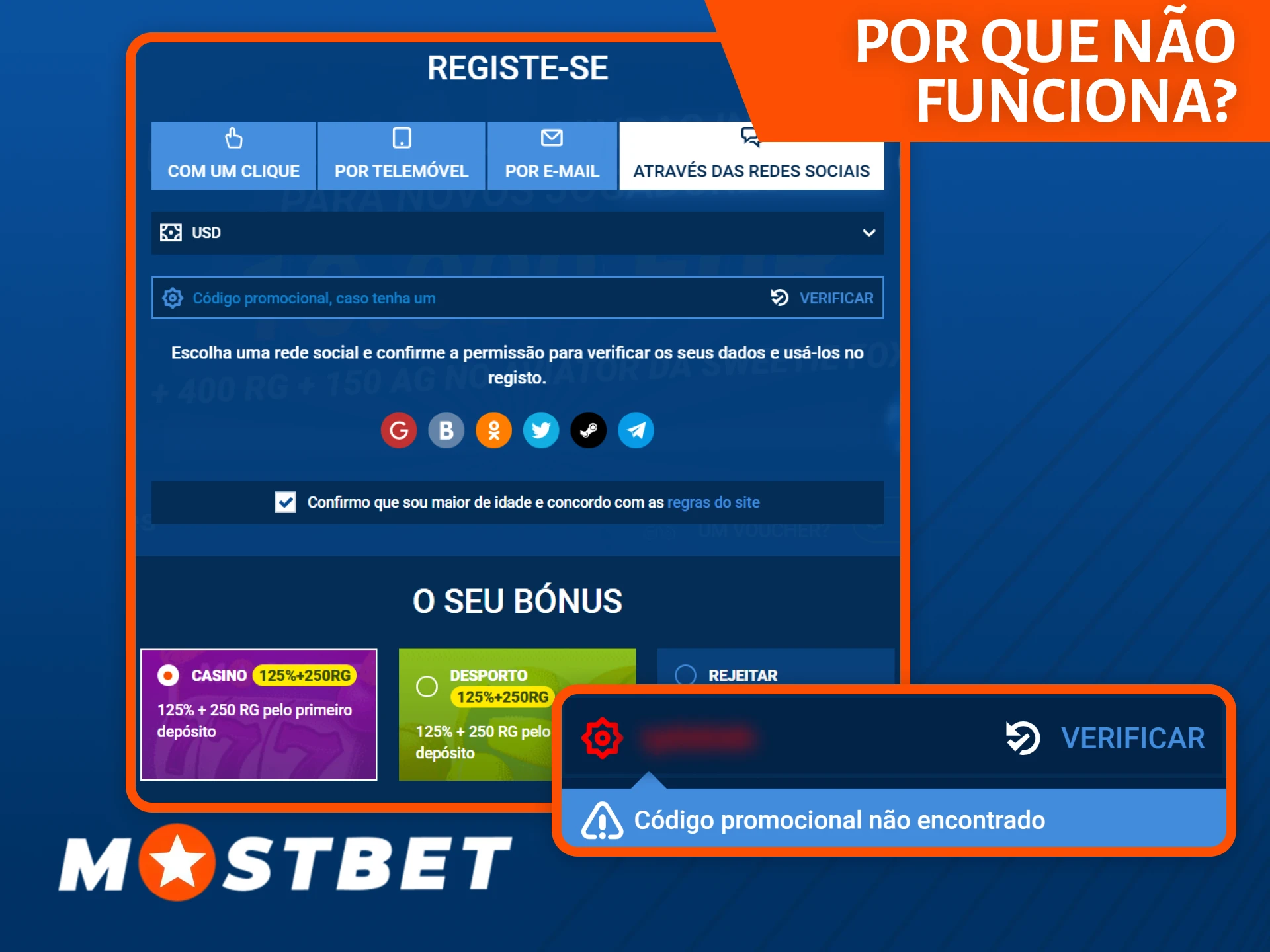 Descubra por que o código promocional não funciona no site da Mostbet.
