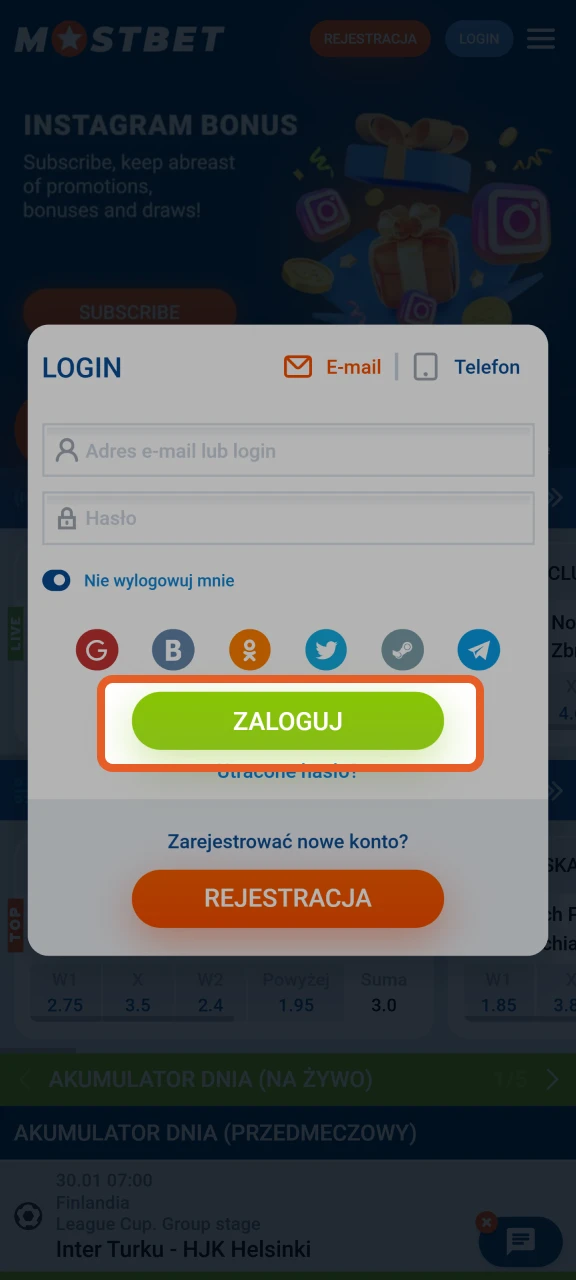 Kliknij Zaloguj, aby zalogować się na swoje konto Mostbet.