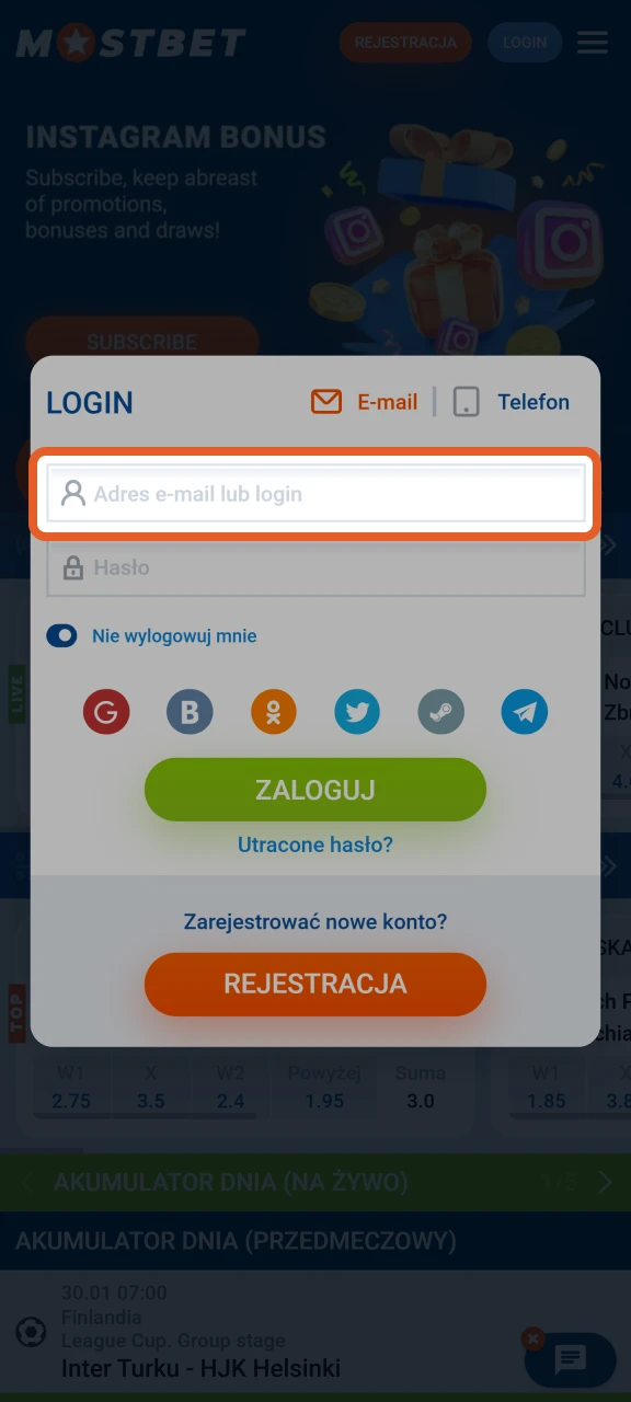 Wprowadź wymagane dane, aby dokończyć logowanie w Mostbet.