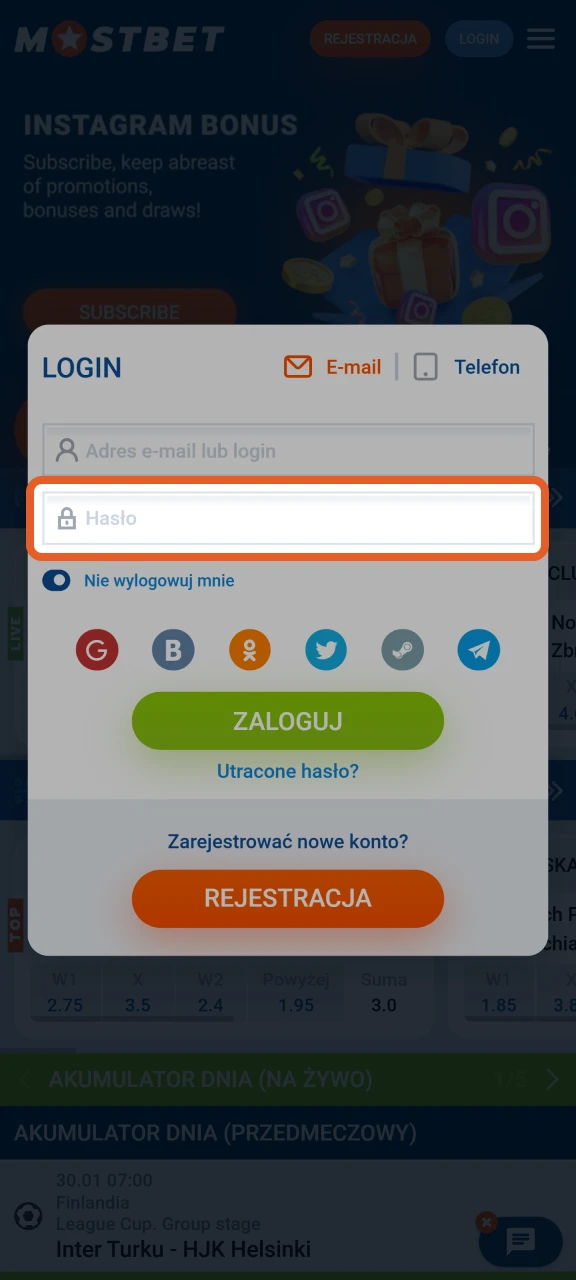 Wprowadź hasło, aby zalogować się na swoje konto Mostbet.