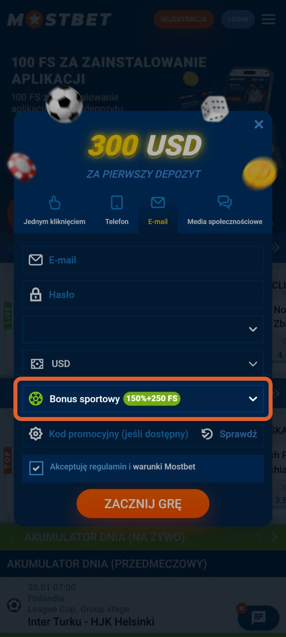 Wybierz bonus powitalny podczas rejestracji w Mostbet.