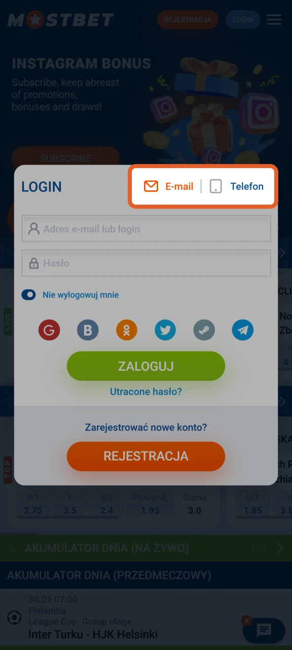 Wybierz metodę logowania, aby pomyślnie zalogować się do Mostbet.