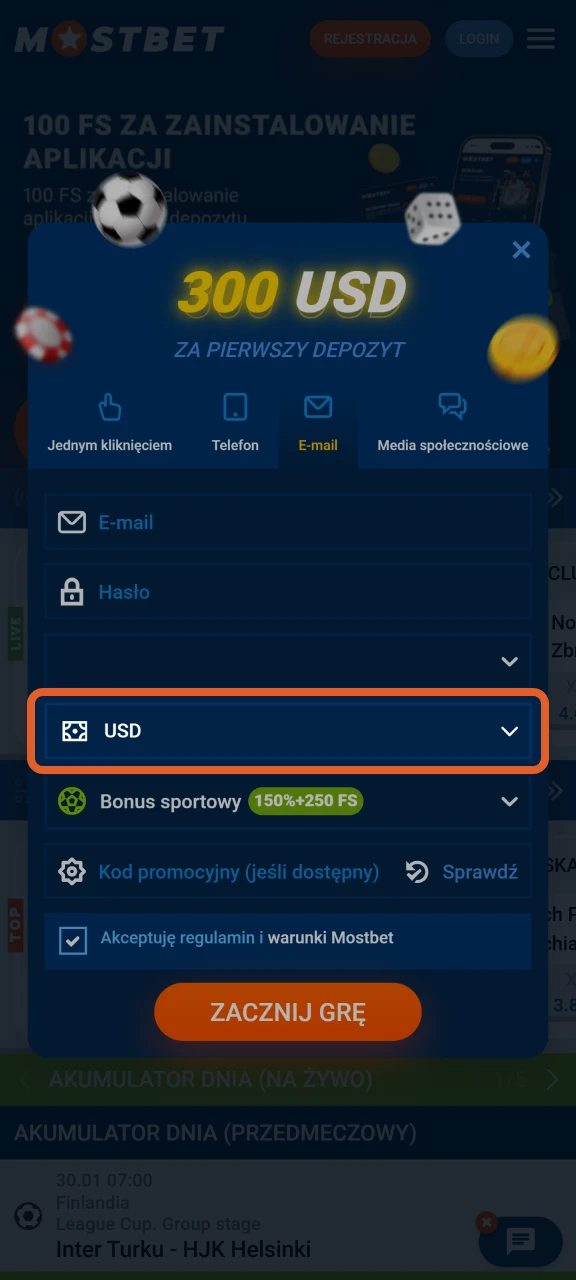 Podczas rejestracji na stronie Mostbet wybierz swoją walutę.