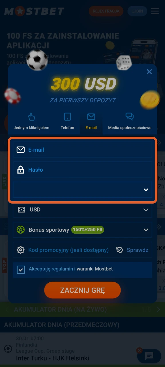 Wypełnij wymagane pola, aby dokończyć rejestrację na platformie Mostbet.