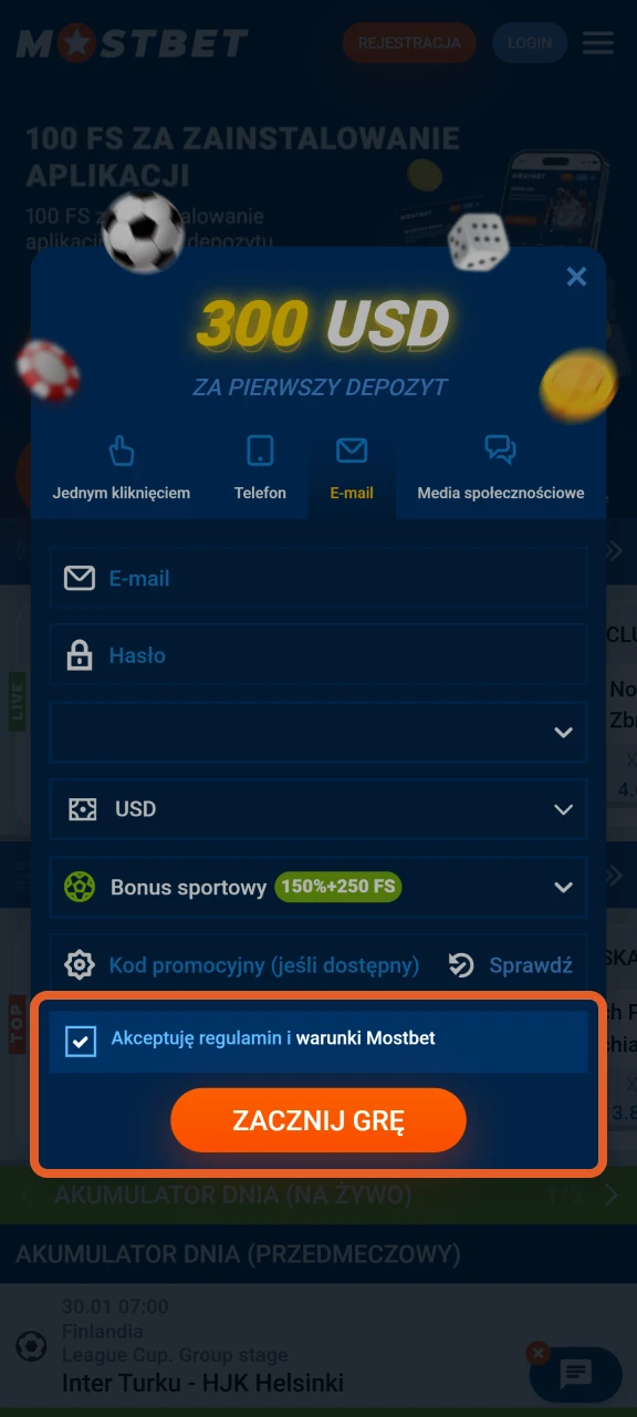 Zaakceptuj regulamin i dokończ rejestrację w Mostbet.