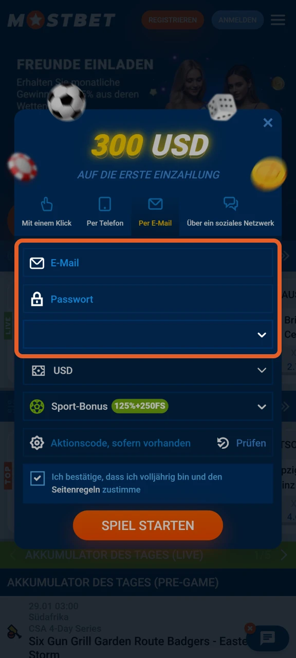 Füllen Sie die Pflichtfelder aus, um Ihre Registrierung auf der Mostbet-Plattform abzuschließen.