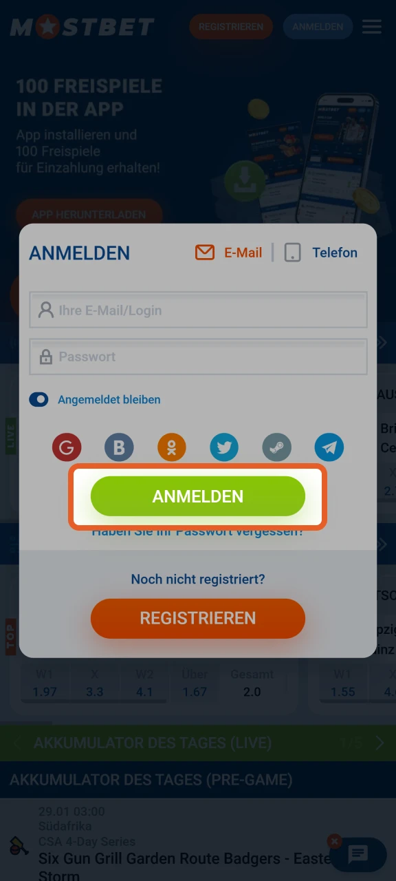 Klicken Sie auf Anmelden, um sich in Ihr Mostbet-Konto einzuloggen.