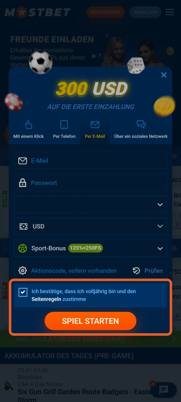 Stimmen Sie den Bedingungen zu und schließen Sie Ihre Registrierung bei Mostbet ab.