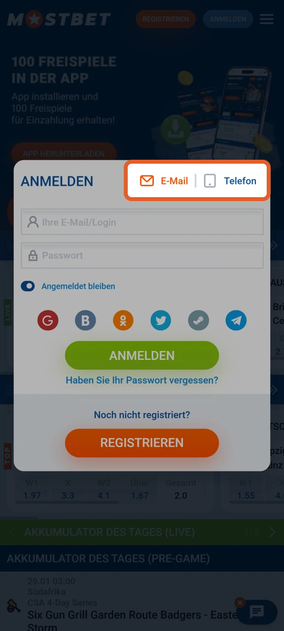 Wählen Sie eine Anmeldemethode, um sich erfolgreich bei Mostbet anzumelden.
