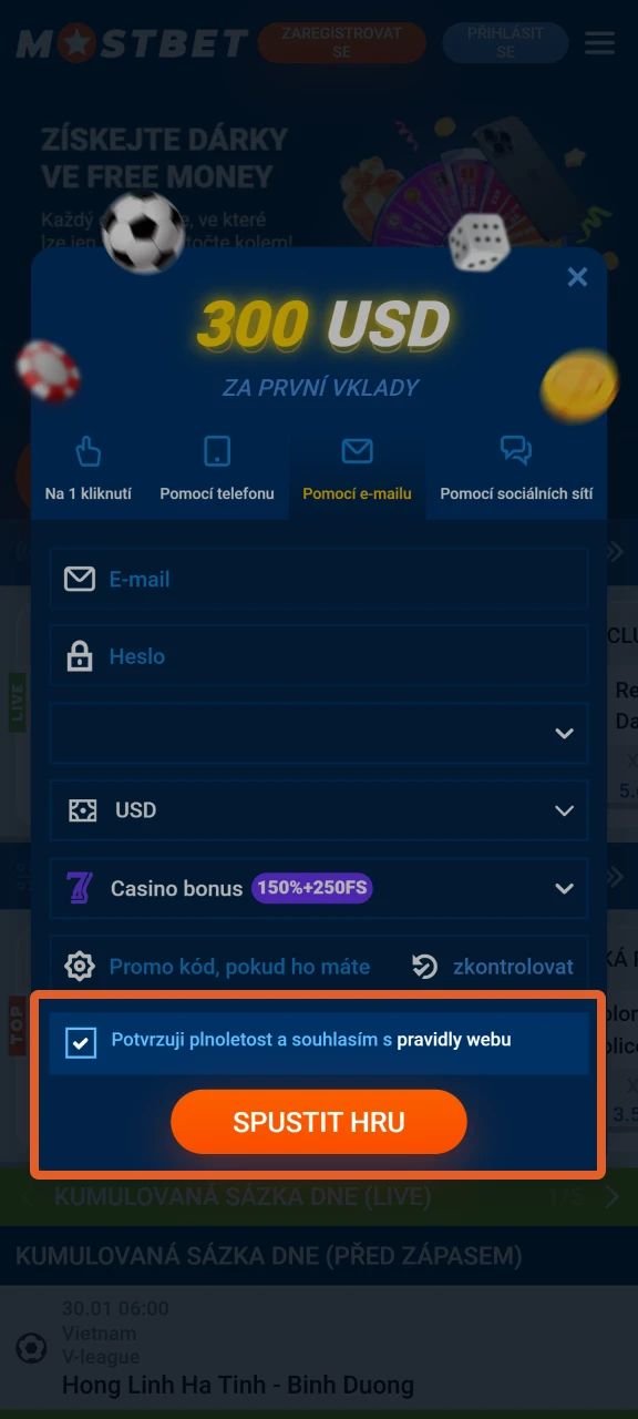 Souhlasíte s podmínkami a dokončete registraci na Mostbet.