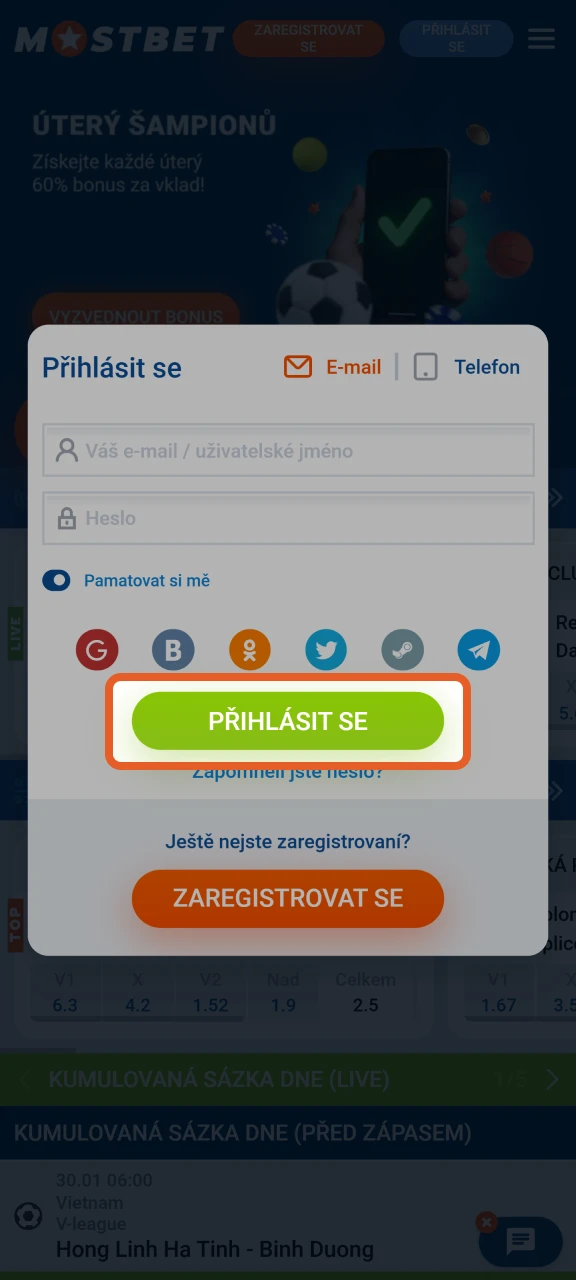 Klikněte na tlačítko Přihlásit se pro přihlášení ke svému účtu Mostbet.