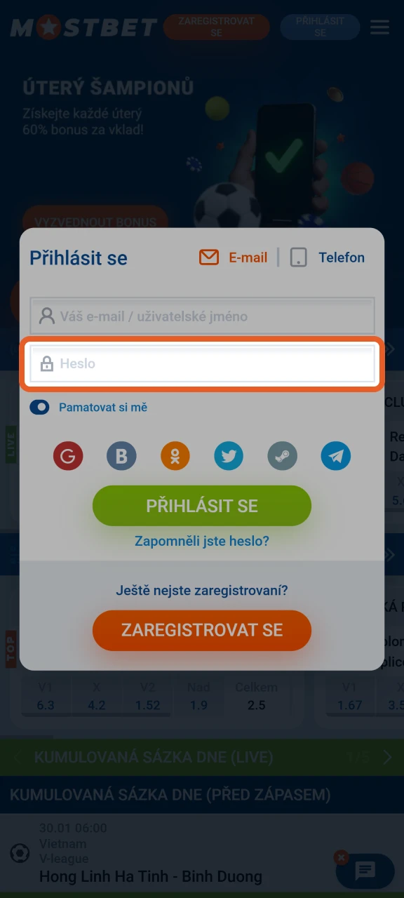 Zadejte své heslo pro přihlášení ke svému účtu Mostbet.