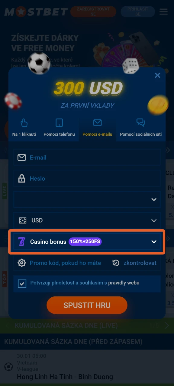 Vyberte si uvítací bonus během registrace na Mostbet.