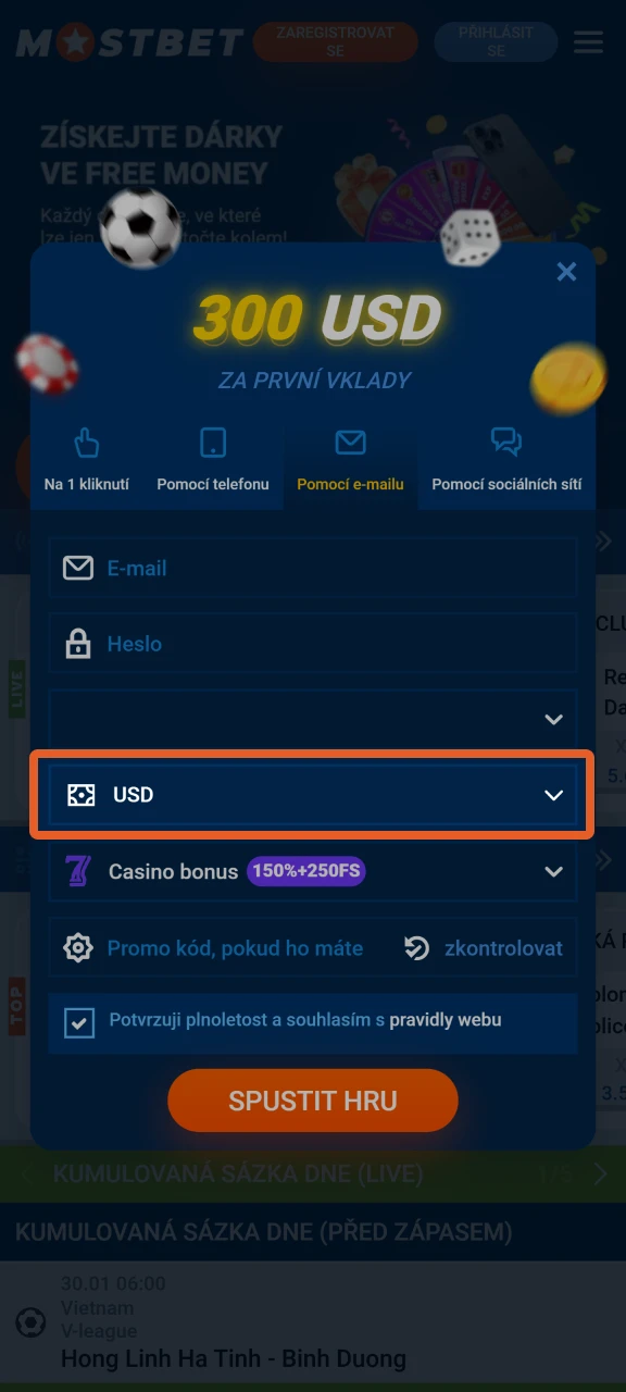 Při registraci na webových stránkách Mostbet si vyberte svou měnu.