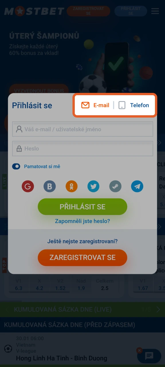 Vyberte způsob přihlášení pro úspěšné přihlášení do Mostbetu.