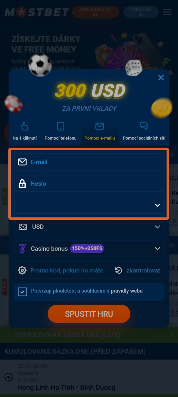 Vyplňte požadovaná pole pro dokončení registrace na platformě Mostbet.