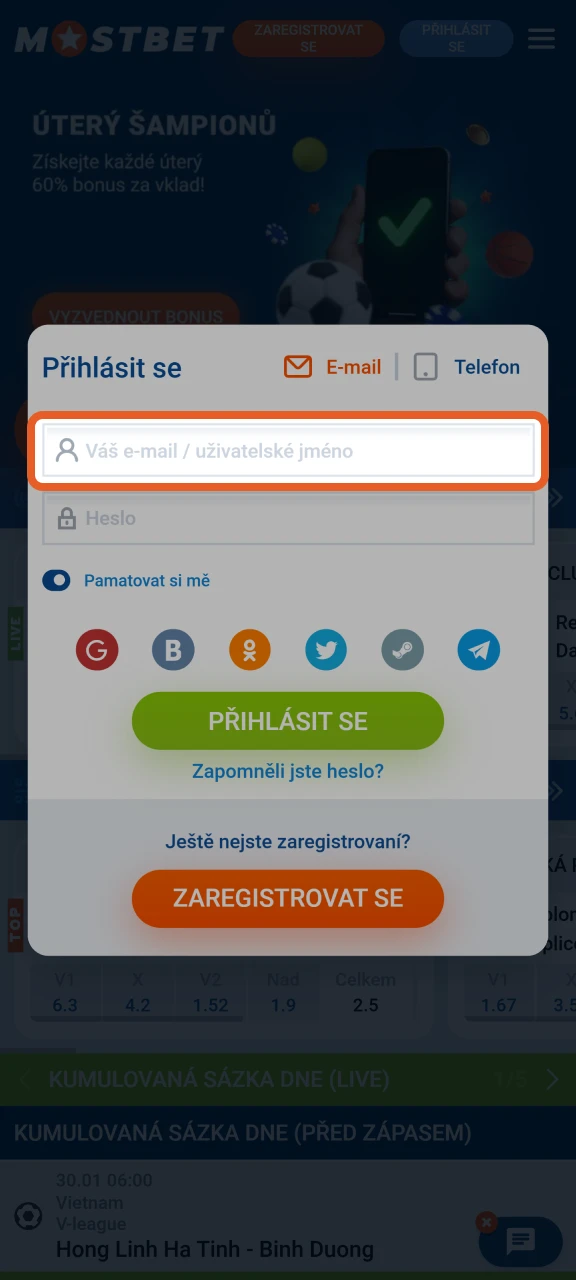 Zadejte požadované přihlašovací údaje pro dokončení přihlášení na Mostbet.