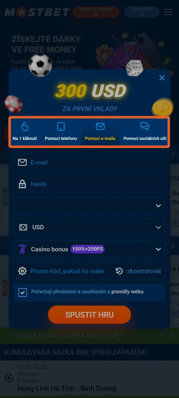 Vyberte si preferovaný způsob registrace na Mostbet.