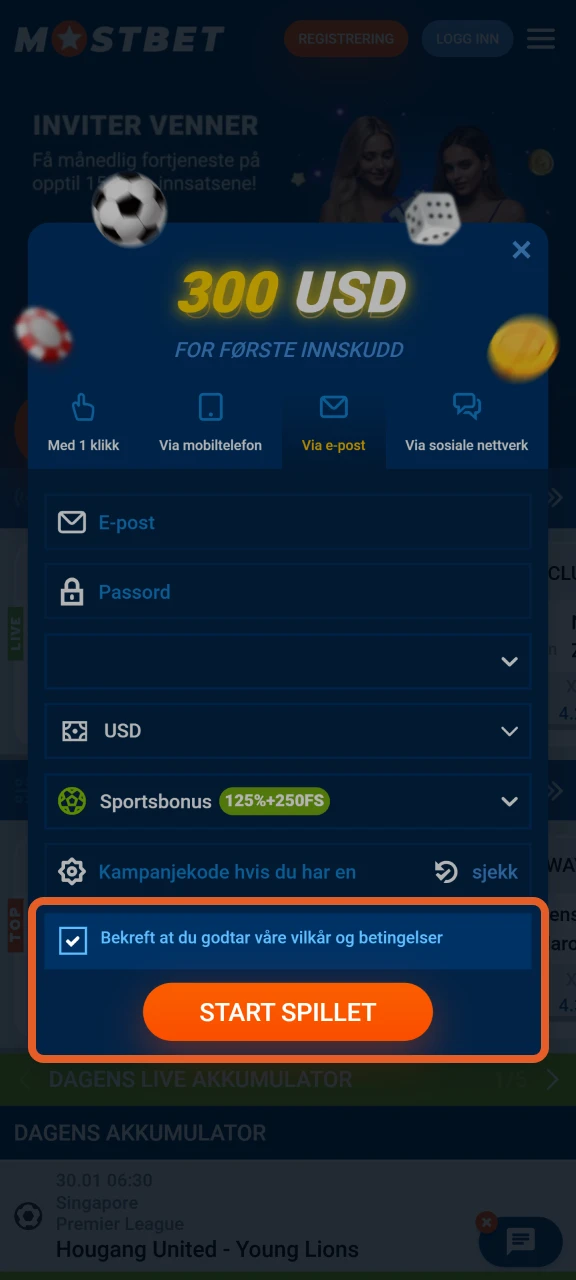 Godta vilkårene og fullfør registreringen din hos Mostbet.