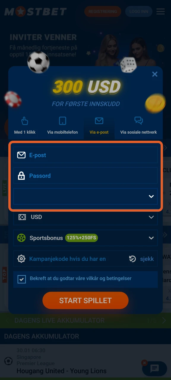 Fyll ut de obligatoriske feltene for å fullføre registreringen din på Mostbet-plattformen.