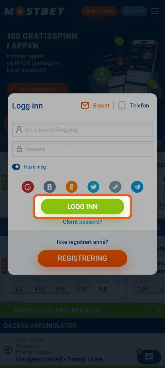 Klikk på Logg inn for å logge inn på Mostbet-kontoen din.