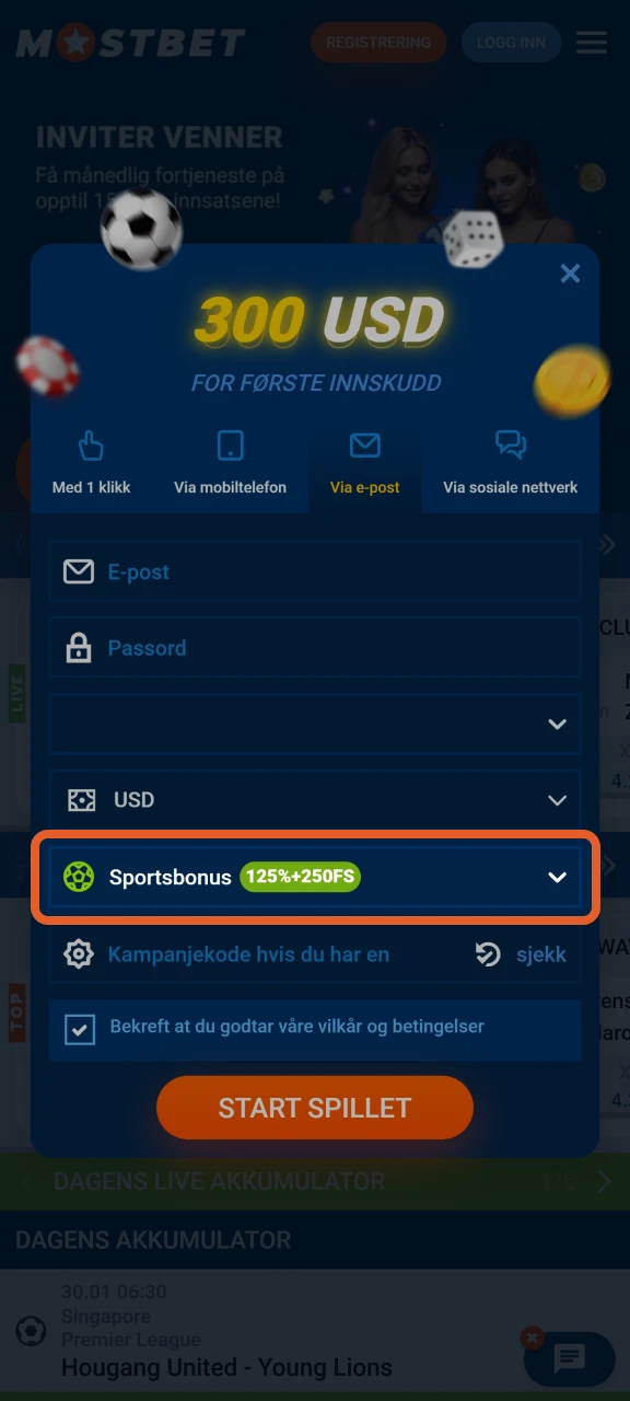 Velg en velkomstbonus når du registrerer deg hos Mostbet.