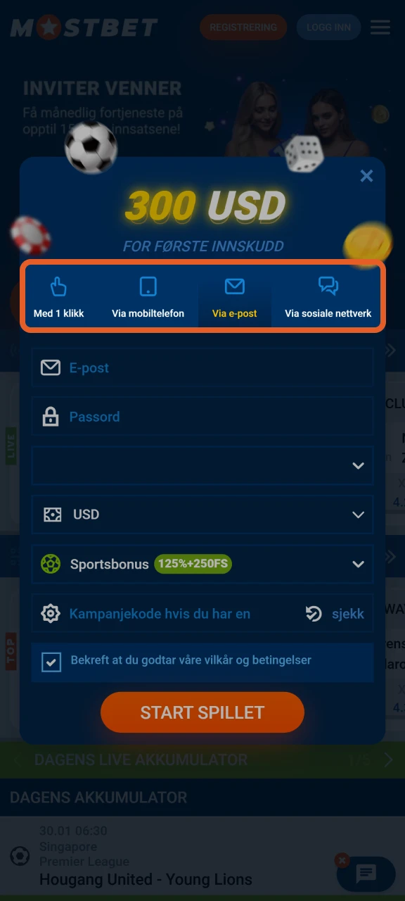 Velg en foretrukket registreringsmetode hos Mostbet.