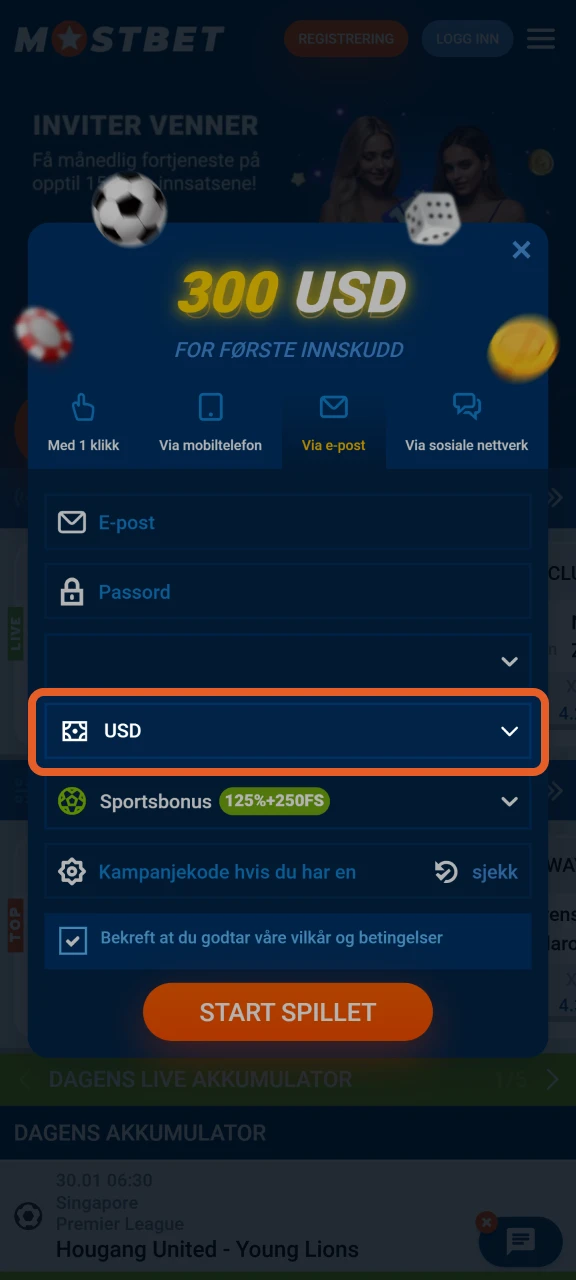 Når du registrerer deg på Mostbet-nettstedet, velg valutaen din.
